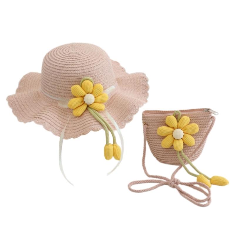 2Pieces Kids Summer Sun Hat And Bag Set Breathable Straw Braided Design For Beach Outdoor Activities