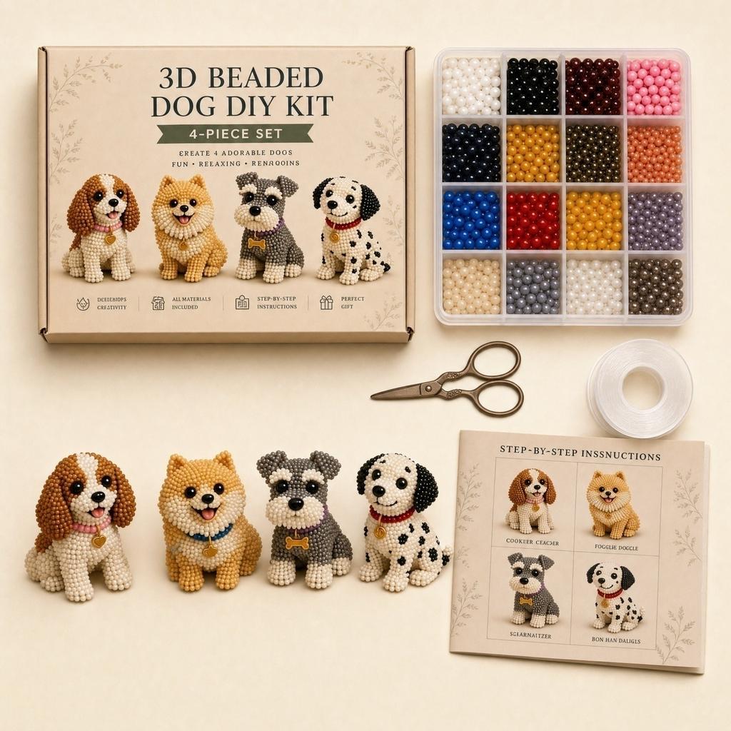 3D Beaded Dog DIY Kit 4 Piece Set Includes Beads String Scissors Instructions for Handmade Bead Craft Projects and Creative Activities
