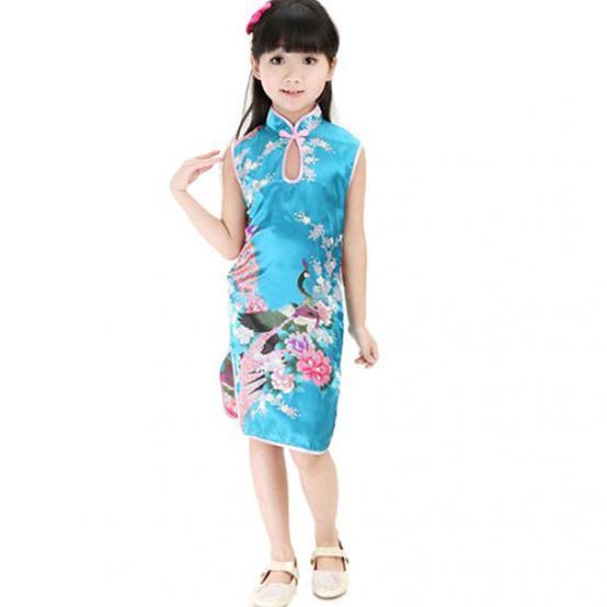Elegant Children Girls Chinese Cheongsam Dress With Floral Peacock Pattern Sleeveless Summer Wear