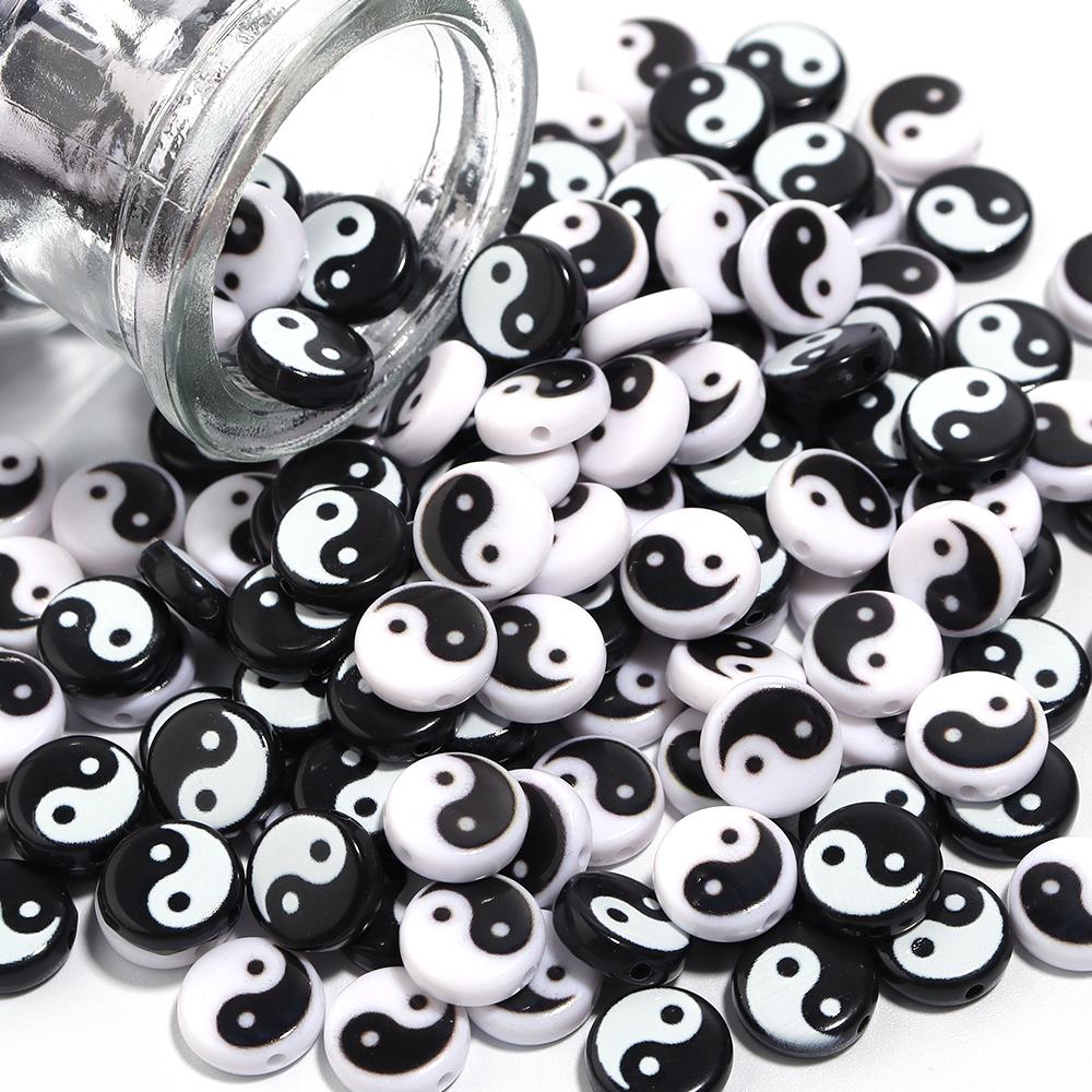 50-100pcs Tai Chi Acrylic Beads Yin Yang Black White Flat Round Loose Beads for Jewelry Making DIY Bracelet Necklace Accessories