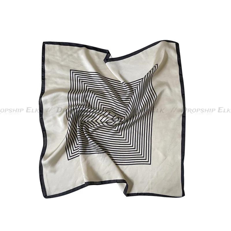 Square Imitation Silk Scarf Black And White Striped Head Wrap For Women Multifunction Silk Feeling Neckerchief