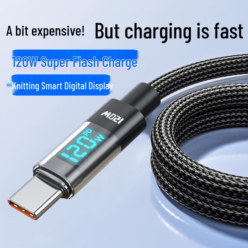 120W Type-C Fast Charging Cable with Smart Display for Apple 17/16 & Huawei 6A Devices
