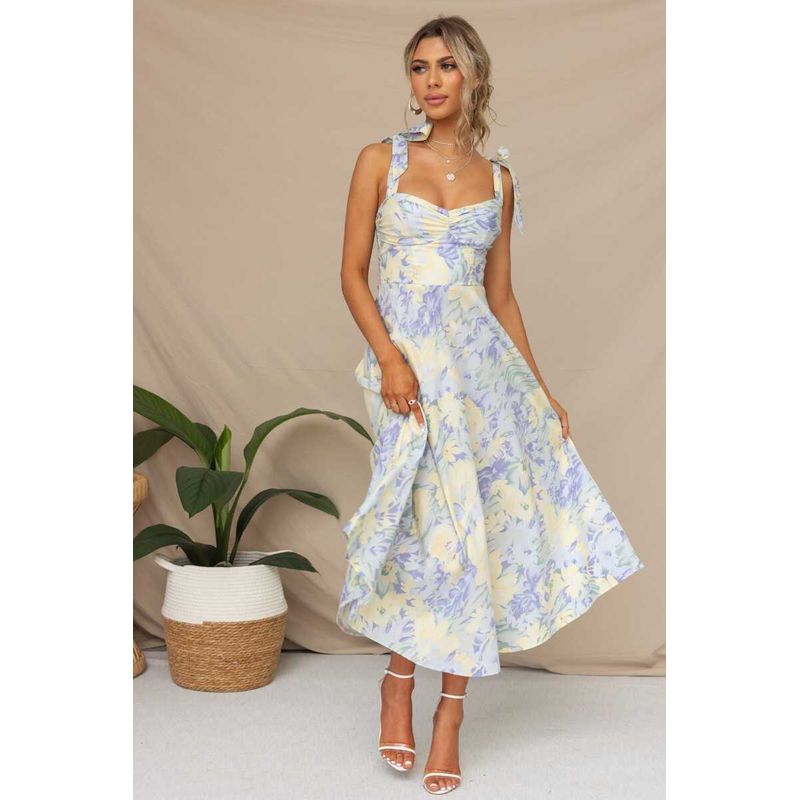 V-neck Printed Dress Women Foreign Trade Waist Hugging V-neck Sling Print Mid-Length Dress Women