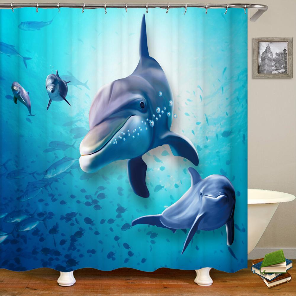 Cartoon Dolphin Shower Curtain Waterproof Home Decoration Curtain Ocean Sea Beach landscape Printed Bathroom Curtain With Hooks