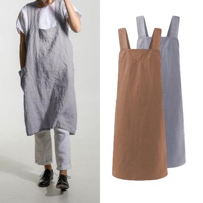 Plus Size Women Square Cross Cotton Pinafore Dress Casual Solid