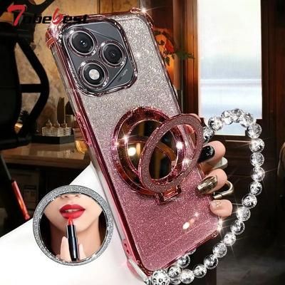 Custodia Specchio Magsafe con Braccialetto di Cristallo Placcato Glitter Antiurto per Huawei Honor 400 Lite 300 Ultra Pro Cover