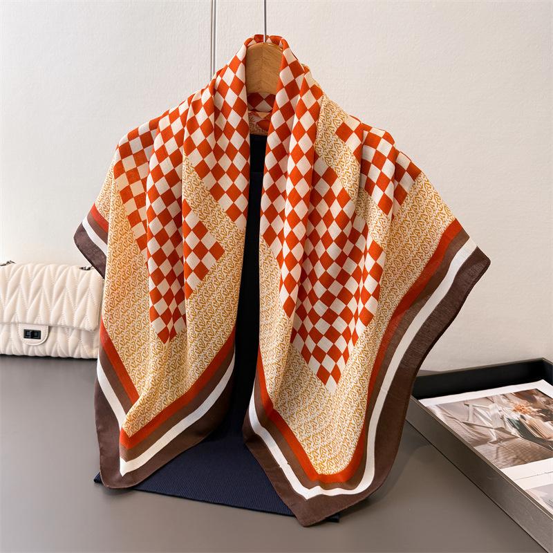Simple plaid imitation silk large square scarf retro printing commuter shawl neck silk scarf herringbone pattern women's scarf headscarf