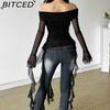 BITCED Autumn Women's Solid-Colour Slim-Fit Streetwear Off-the-Shoulder Long-Sleeved Backless Top