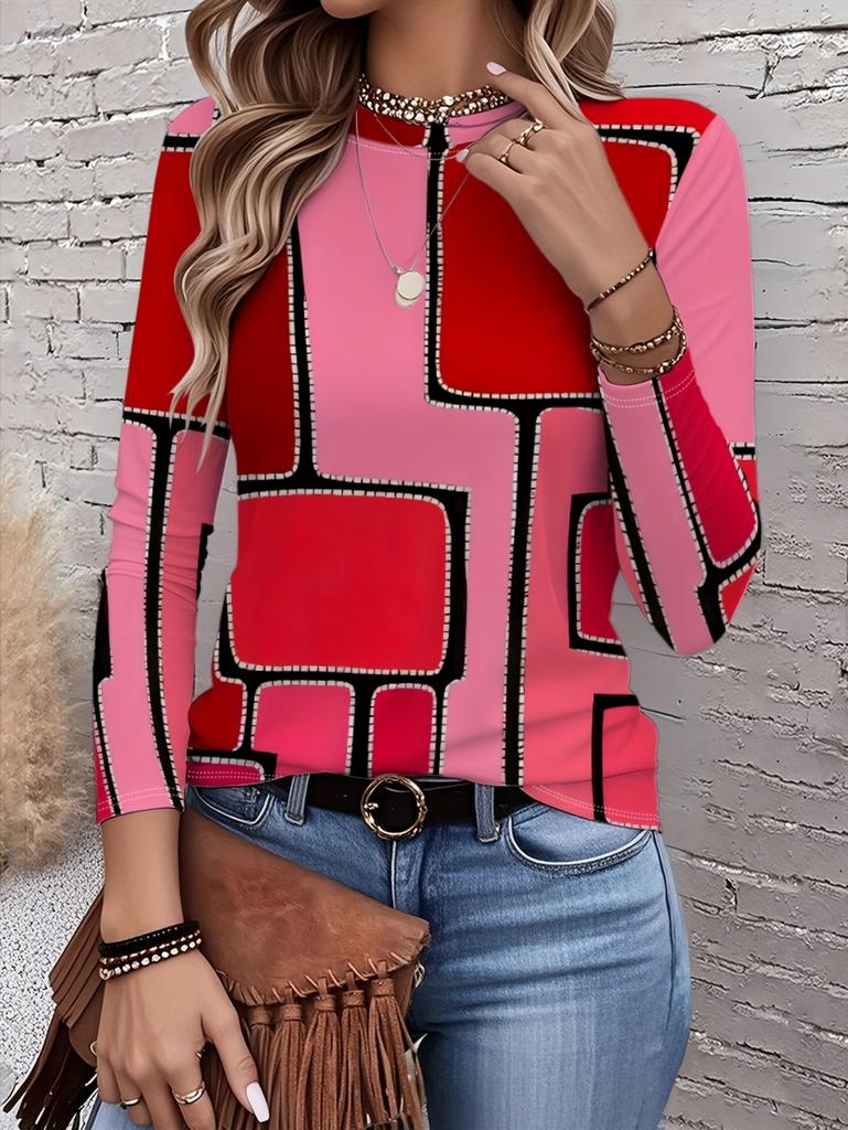 Fashion Women's Long Sleeve T-Shirts Geometric Splice 3D Printed Round Neck Fall Spring Tops Tees Oversized Women's Clothing