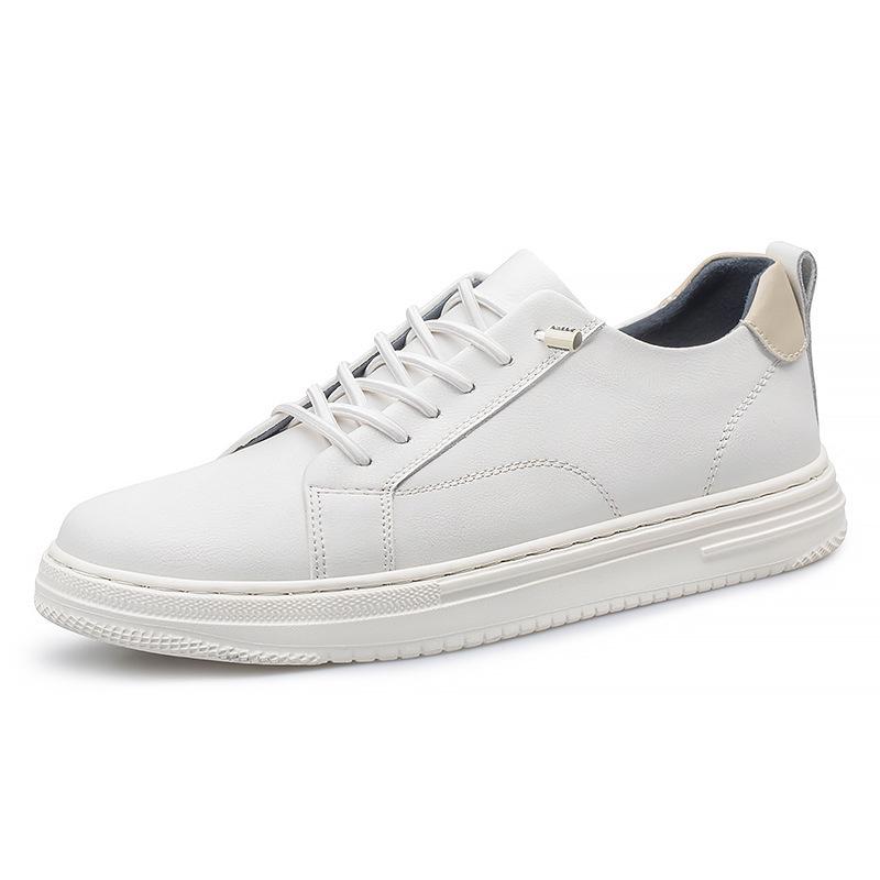 Men's White Leather Low-Top Sneakers - Casual Round Toe