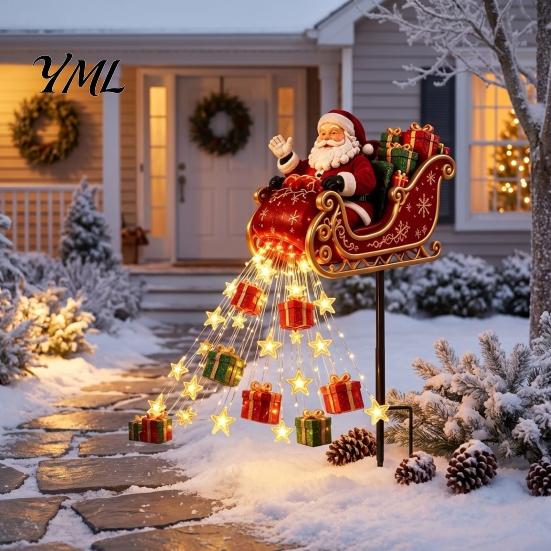 Beleuchtete Weglichter für Weihnachten Nikolaus Schlitten Figur Licht, Solarbetriebener Gartenpfahl Außenlicht Gießende Geschenke Sterne Hof Feiertag