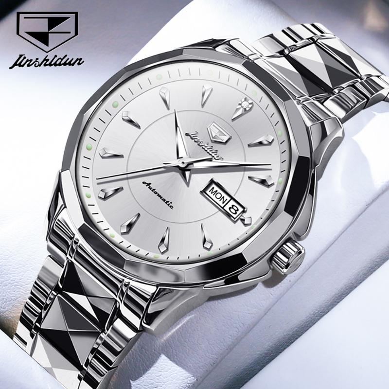 JINSHIDUN New Business and Leisure Men's Watch Automatic Mechanical Watch Tungsten Steel Double Calendar Luminous Waterproof High-end Watch