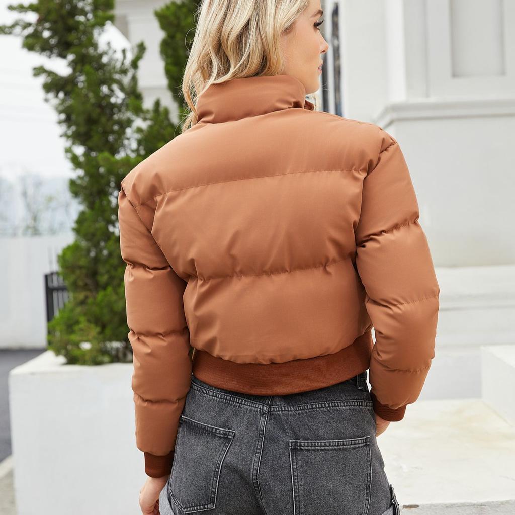 Winter Short Cotton Jacket Women's Long Sleeved High Neck Warm Jacket Loose Casual Bread Jacket Solid Color Punk Jacket Down Jacket