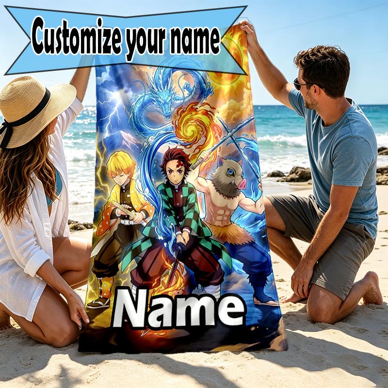 Custom Name Personalized Demon Slayer Print Beach Towel, for Trip Camping Beach Party Home Decor, Birthday Gift for Family & Friends