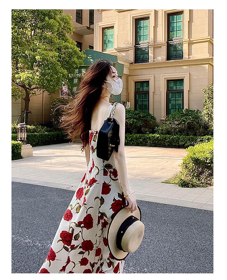 Women's French Retro Rose Floral Suspender Dress - Elegant and Chic Long Design