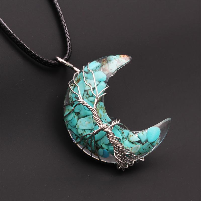 

Natural Crystal Moon Pendant Necklace Tree of Life Amethyst Reiki Polished Mineral Jewelry Healing Stone for Men Women Jewelry