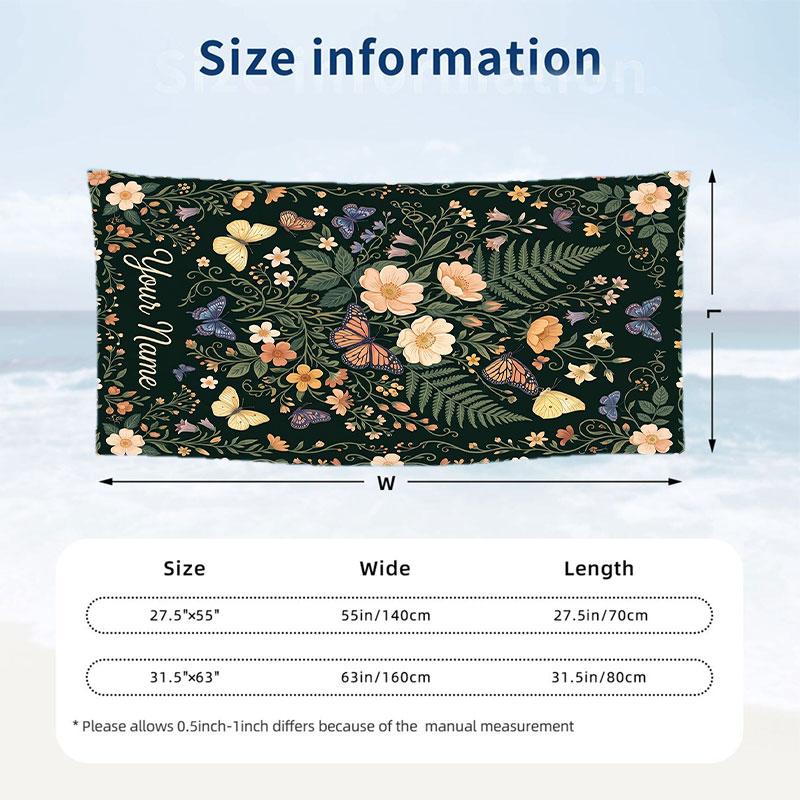 Butterflies Flowers Garden 5 Theme Quick Dry Beach Towel Custom Name Text Print Large Sand Resistant Towel Beach Vacation