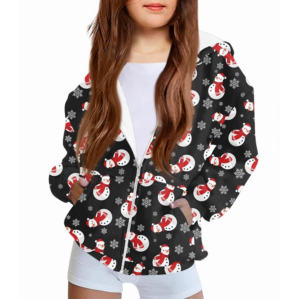 Children's Fashion Christmas Printed Long Sleeved Hooded Sweatshirt, Girls' Hoodie Jacket