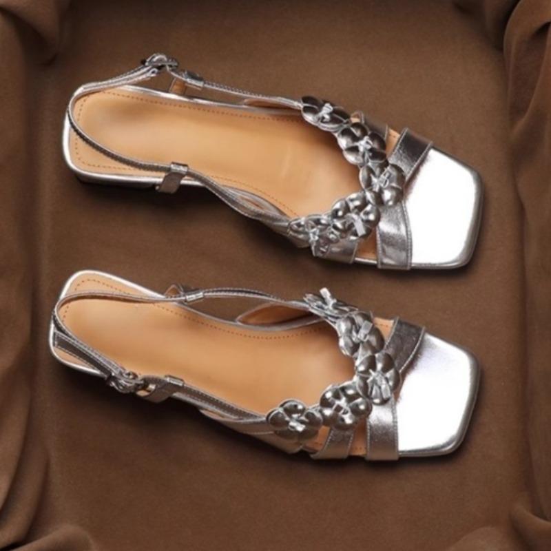Fashion Open Toe Block Heel Roman Sandals Women's Summer New Fashion Square Toe Shallow Mouth One Strap Flower Sandals