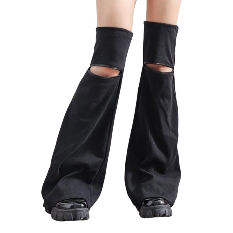 Women Punk Hollowed Out Thgh High Flared Leg Warmers Over Knee Long Socks Solid Color Leg Covers Stockings Streetwear
