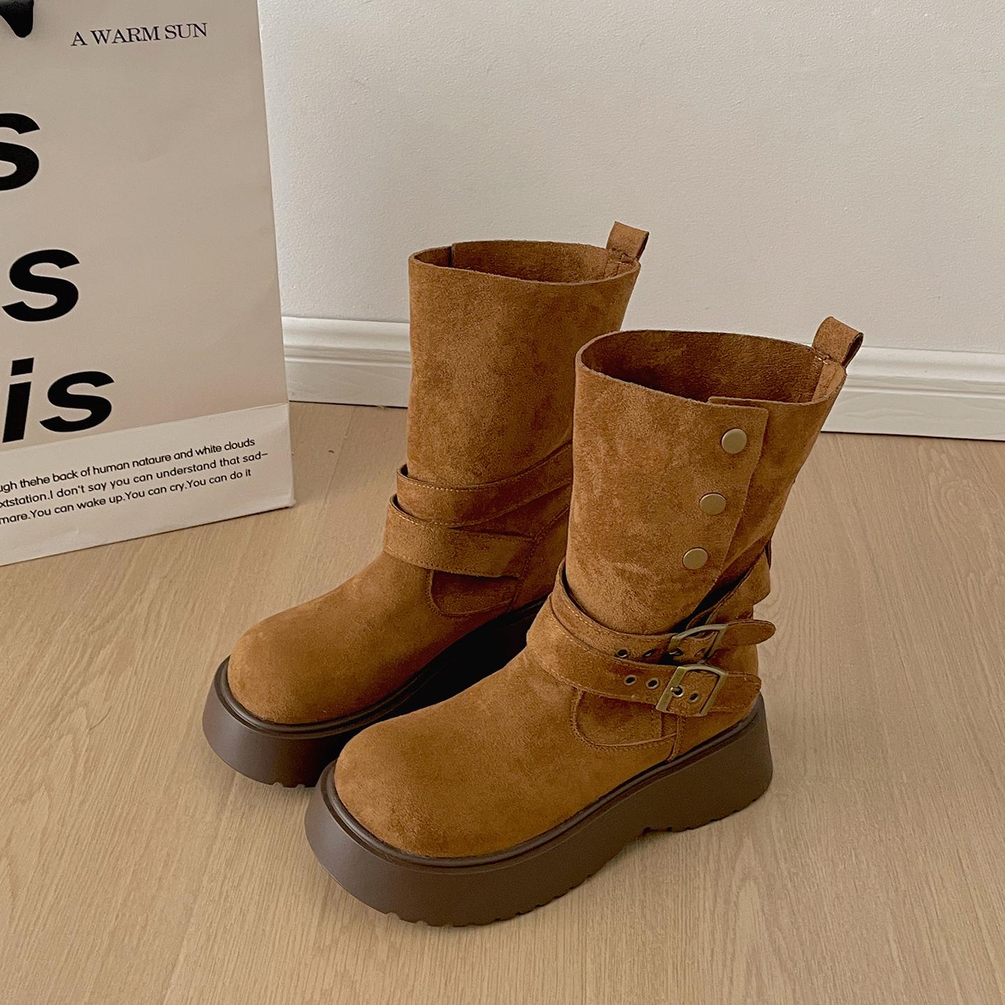 

Autumn Winter Slip On Women Knight Boots Fashion Belt Buckle Thick Heel Shoes Female Vintage Mid Calf Booties De Muje 35