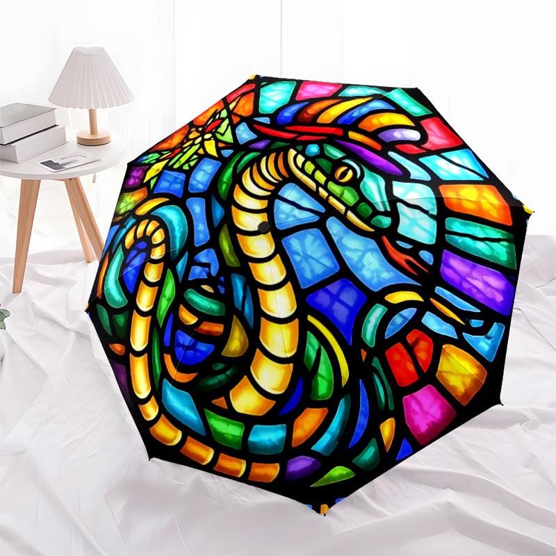 1pc Stained Glass Snake Automatic Folding Umbrella with 8-Rib Windproof Design, Portable Foldable Sunshade Umbrella For Halloween 126