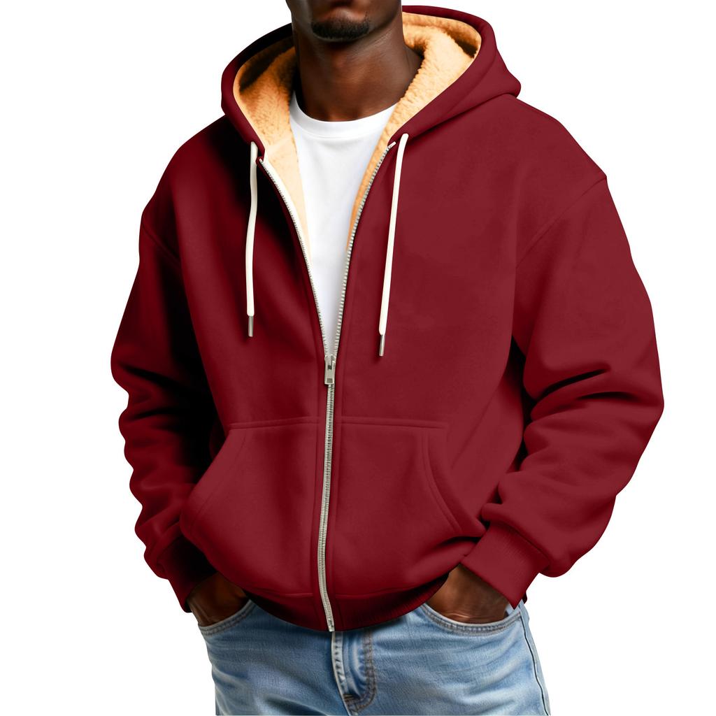 Men's Solid Color Fleece-Lined Zip-Up Pocket Hooded Sweatshirt Cardigan Men's Casual Sweatshirt Cardigan