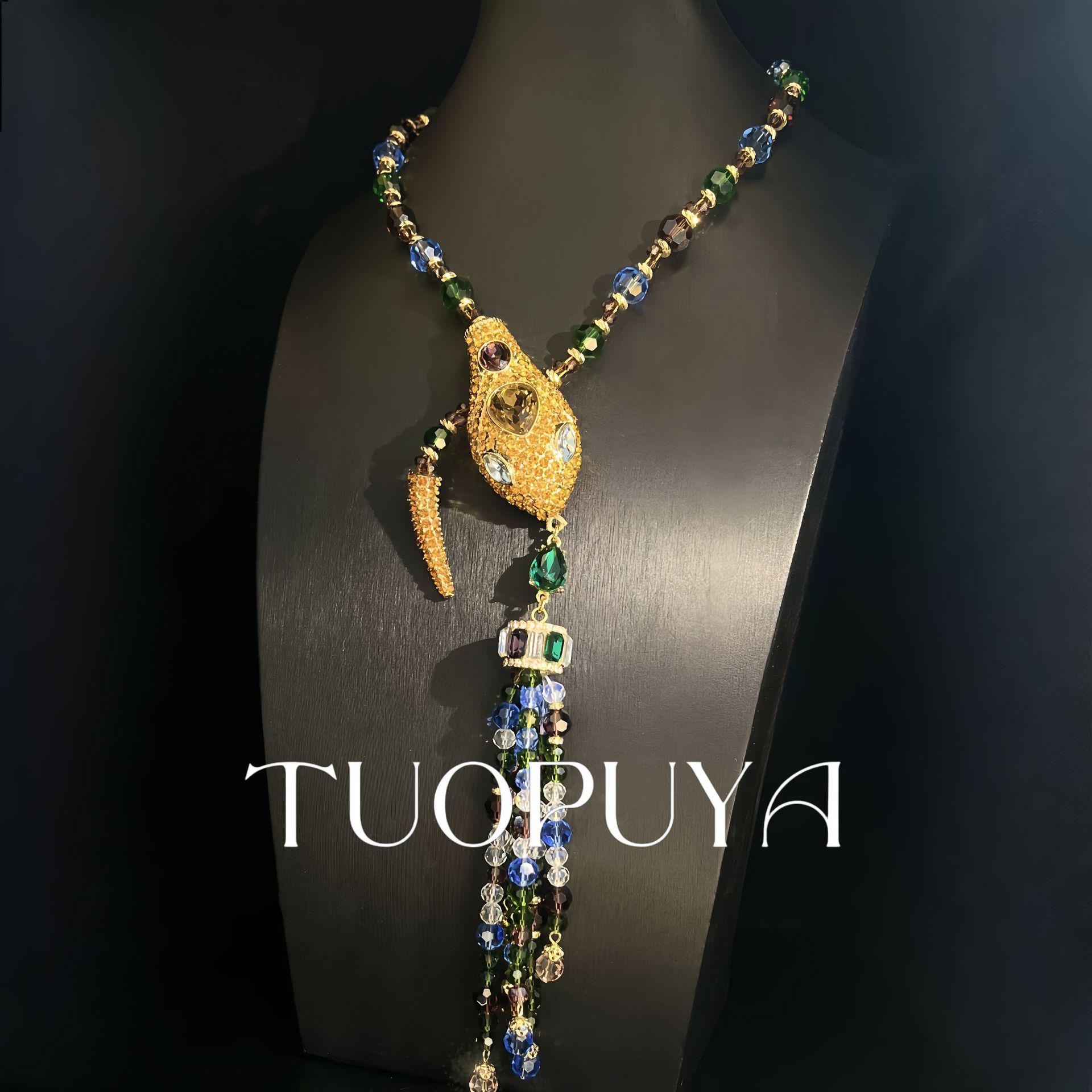 Exquisite Retro Snake Necklace with Colored Diamonds - Elegant Handmade Beaded Pendant
