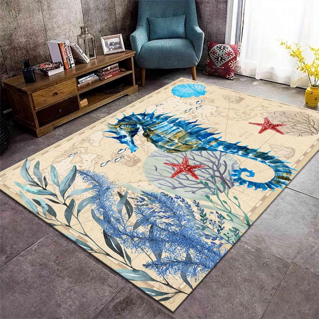 Seahorse Area Rug Coastal Seaside Seahorse Starfish Coral Shell Pattern Nautical Beach Themed Map Carpet for Living Room Kitchen