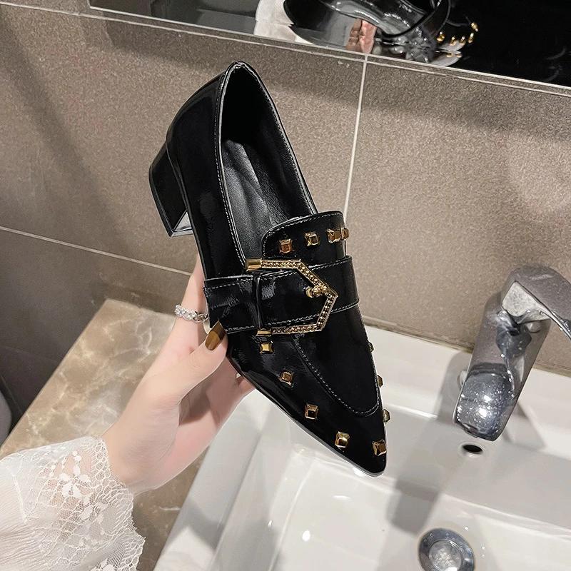 Women's Spring New Slip-on Single Shoes Pointed Toe Block Heel Rivet Metal Buckle Simple Kitten Heel Shoes