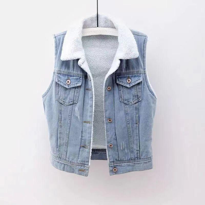Autumn and Winter Lambswool Plus Velvet Thickened Patch Denim Vest Women's Loose Vest Waistcoat Jacket