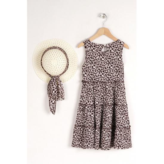 Rochie Fata Copil Roșu Cu Motive Florale Cu Accesoriu Pălărie