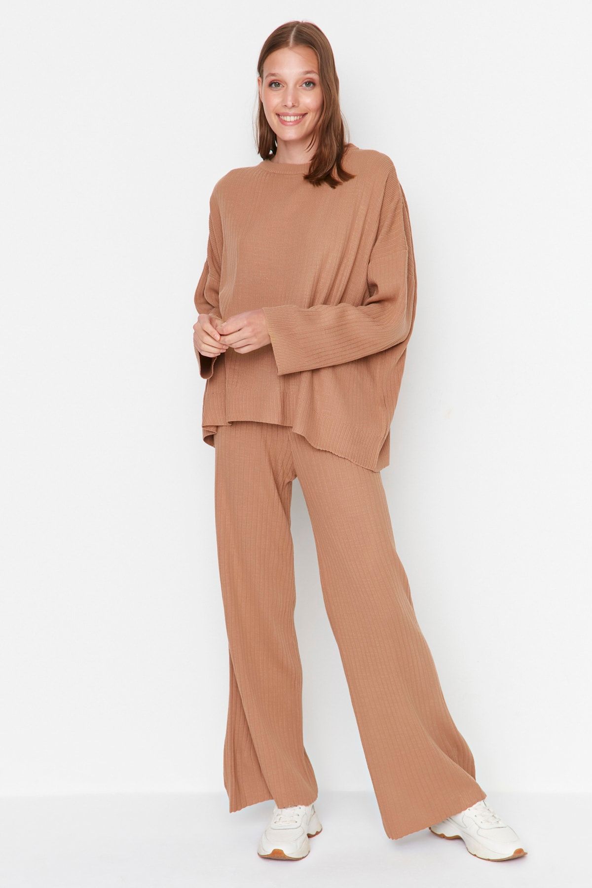 

Women s Fashion Camel Basic Crew Neck Knitwear Top-Top Set