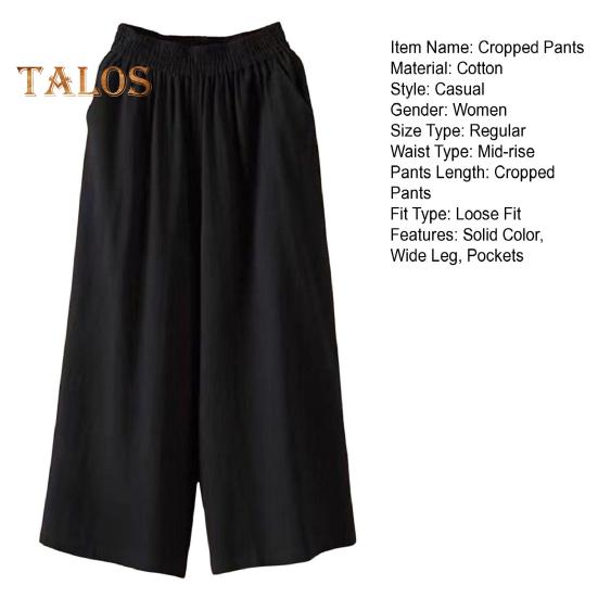 Pantaloni tăiați pentru femei, cu talie elastică, cu talie mijlocie, cu picior largi, cu buzunare, de culoare uni, pantaloni ocazionali, cu tăiere lejeră