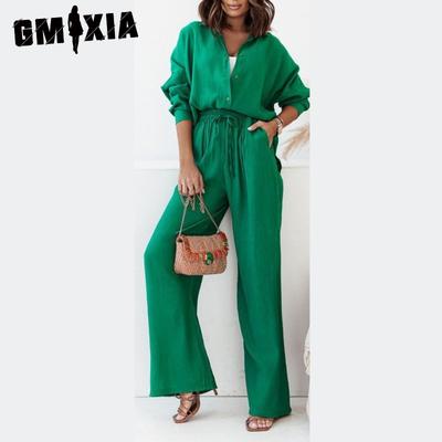 Autumn and Winter Loose Stretch Wrinkled Long-sleeved Shirt Wide-legged Trousers Leisure Suit Female Two-piece Set