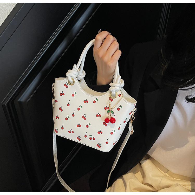 Cherry Print Square Shoulder Bag Women Fashion Faux Leather Crossbody Tote Cute Armpit Handbag