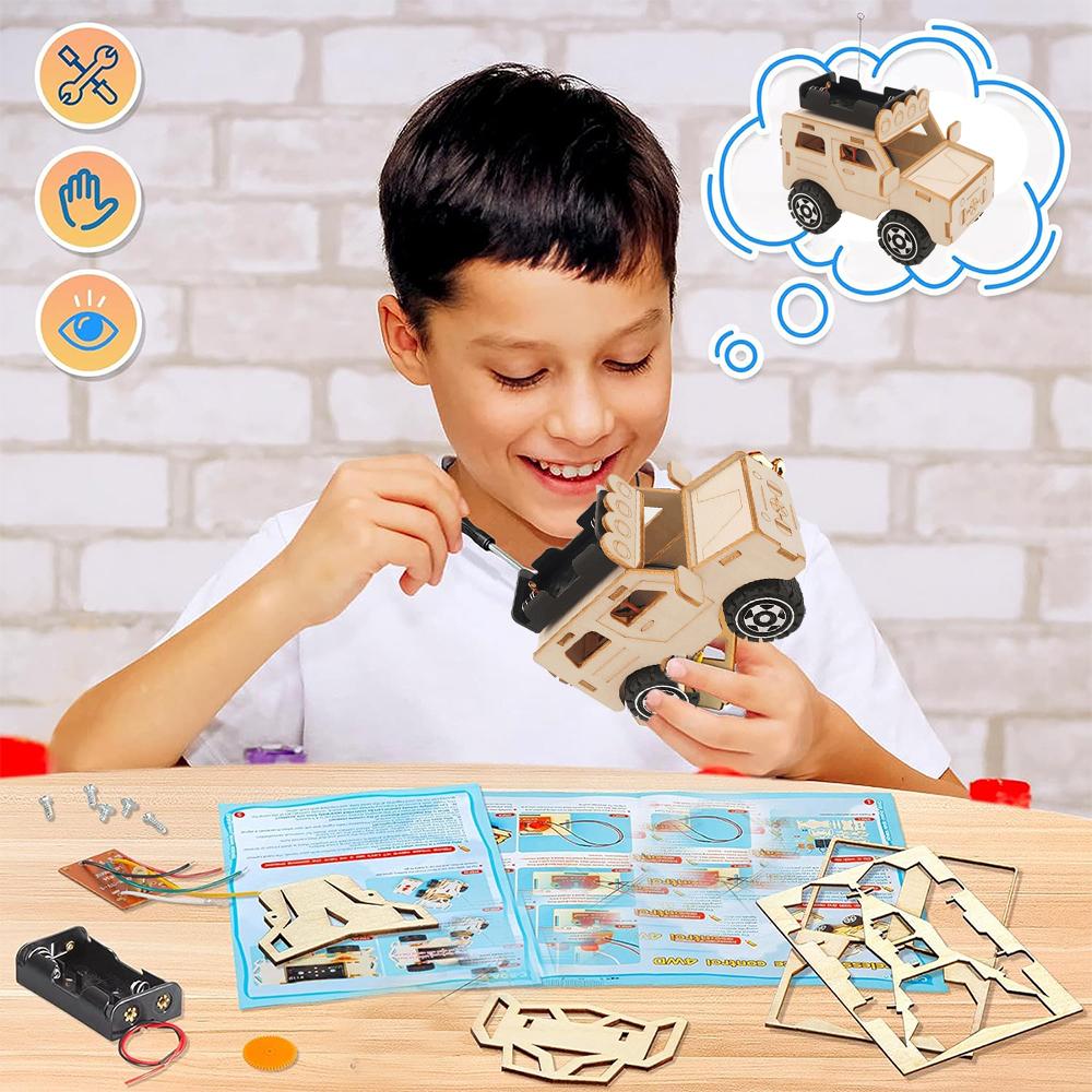 DIY Wood Electric Jeep Car Assembling Science School Projects Experiment Kit Kids Develope Hands-on Ability STEM Educational Toy