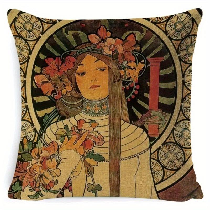 Home Decor Art Nouveau Women-Patterned Cushion Covers Pattern Cushion Cover Suitable For Sofa Bedroom Car Pillow Cover