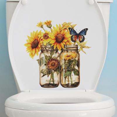 Watercolor Sunflower Butterfly Toilet Stickers Bathroom Bathroom Beautify Decorative Wall Stickers