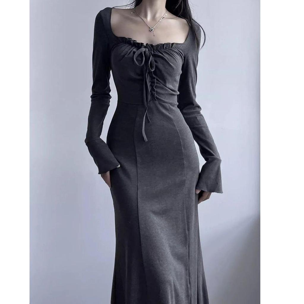 Women's Spicy Chic Long-Sleeve Fishtail Dress - Autumn/Winter Slim Fit, Hip-Hugging, Pure Desire
