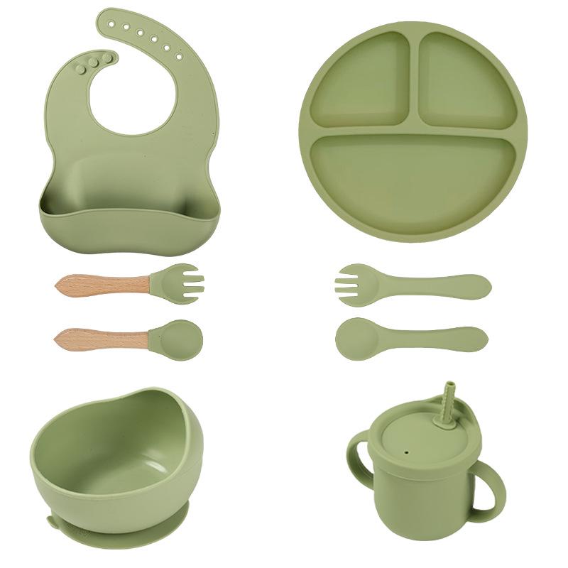 Silicone Baby Feeding 8-Piece Tableware Set with Compartment Plate