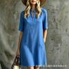 New European and American stand-up collar notch, elegant V-neck short-sleeved dress, women's loose casual pocket straight short skirt