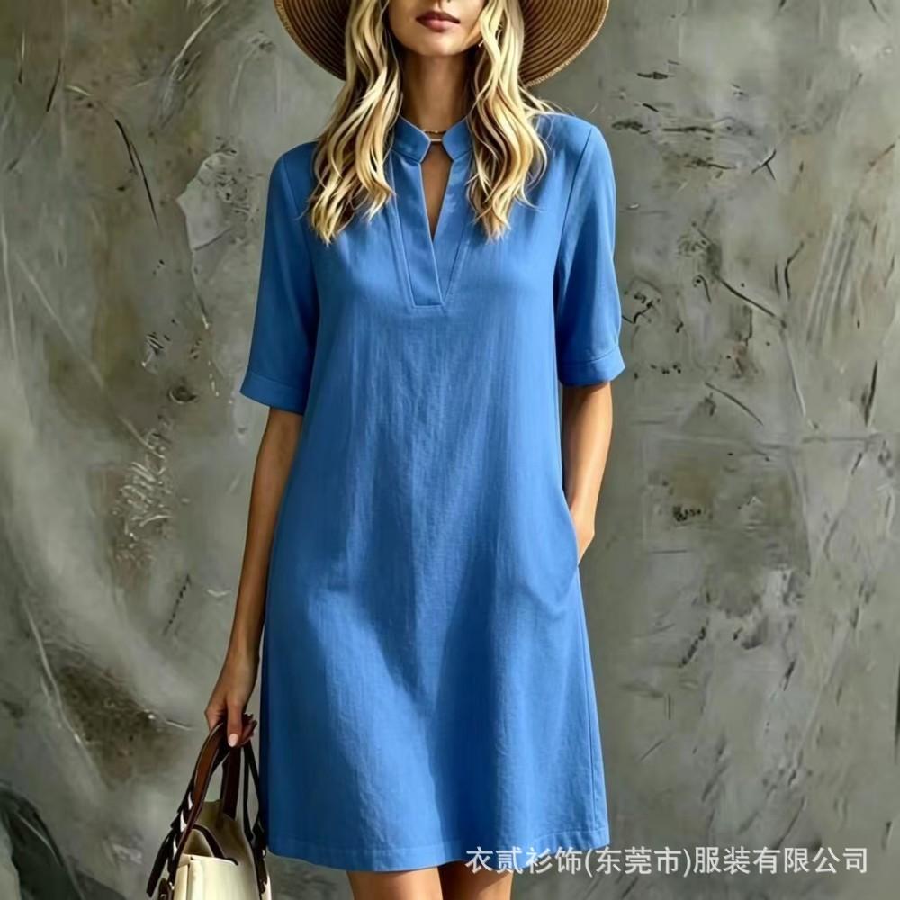 New European and American stand-up collar notch, elegant V-neck short-sleeved dress, women's loose casual pocket straight short skirt