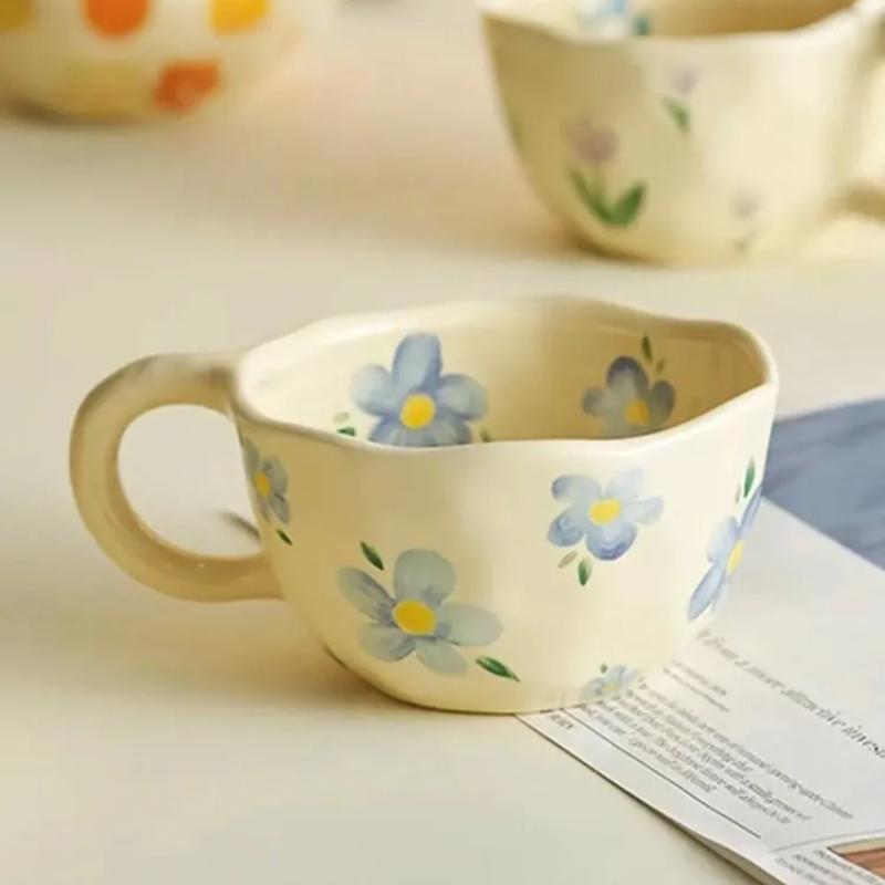 

Керамические кружки с неровным цветком, сделанные вручную, кофейные чашки, молочные чайные чашки, кружки для завтрака с овсянкой в корейском стиле, кружки для напитков, кухонные чашки