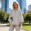 Women Shirt Lapel Buttons Half Placket Batwing Long Sleeve Shirt Tops Loose Fit A-Line Dandelion Print Casual