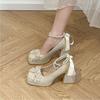 Moda Moda Damskie Platformowe Wysokie Obcasy Damskie Eleganckie Kokardki Koraliki Mary Jane Buty Ślubne Eleganckie Grube Obcasy Wysokie Obcasy Zapatos Mujer