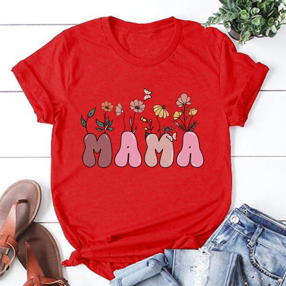 Hot Mother's Day Flower Mama Letter Printed Women Summer Short Sleeve Tee Shirts Round Neck Casual Summer Mother's Day Gift Tops