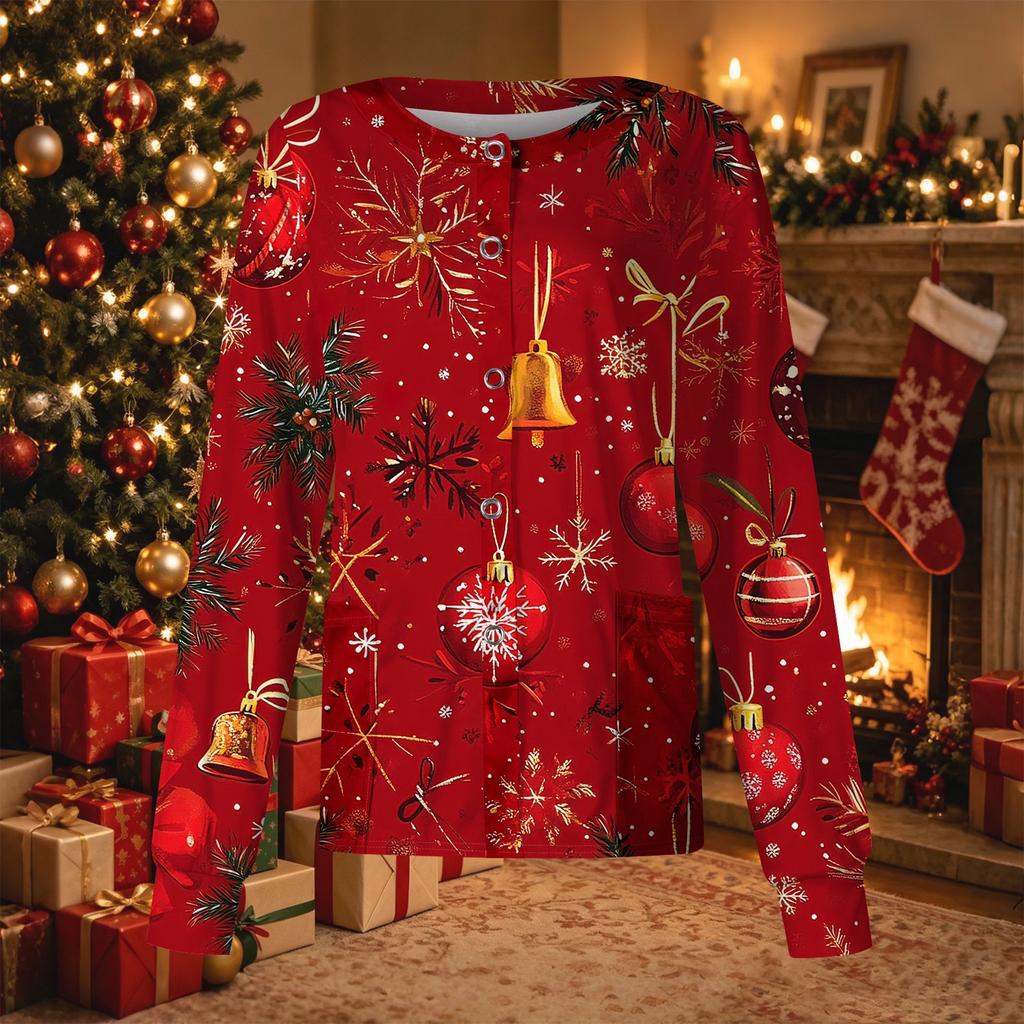 Women's Casual Scrub Cardigan with Christmas Print, Long Sleeve, Button-Front