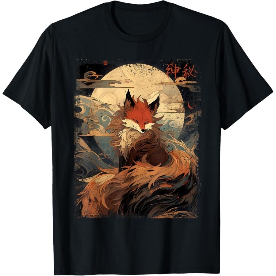Винтажная японская пейзажная футболка с лисой Кицунэ в лунную ночь S чёрный
