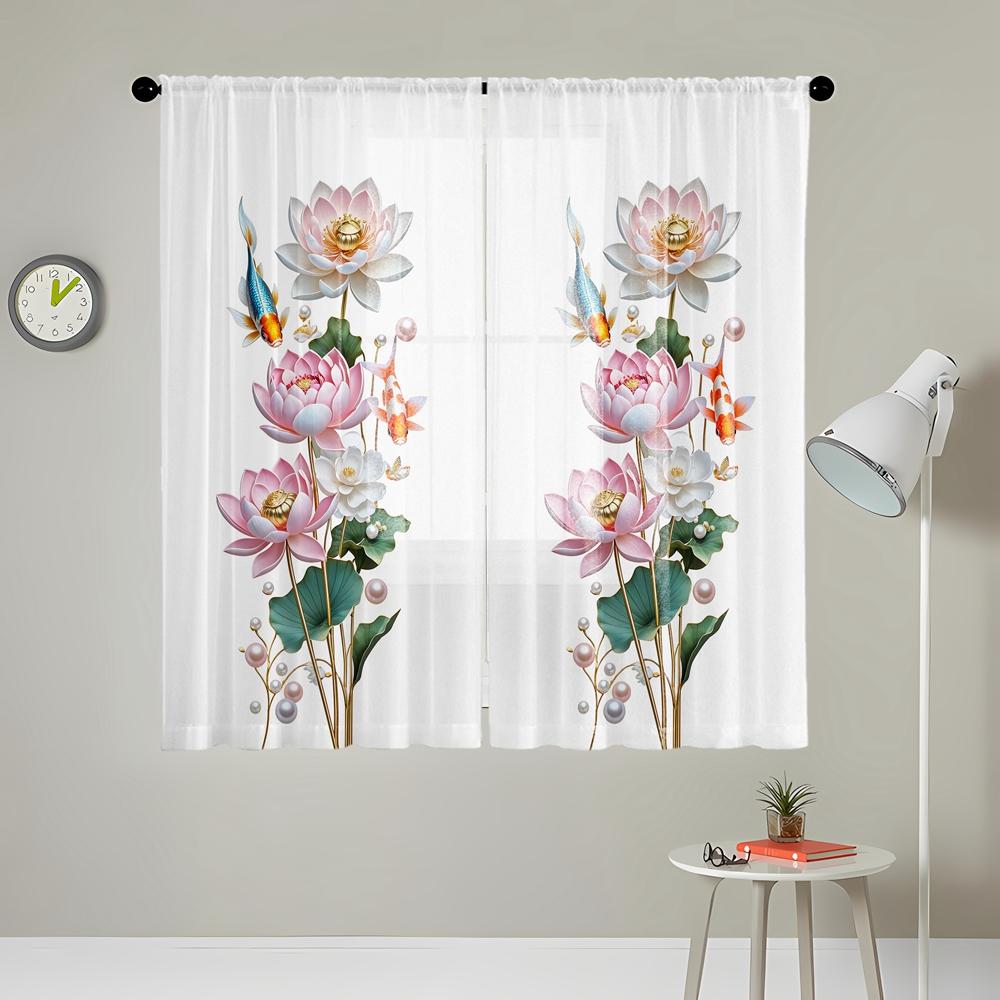 2 Pieces HD Digital Pink Carp Lotus Pond Printed Window Valance Home Decorating Style Decorative Living Room Bedroom Rodding Cur